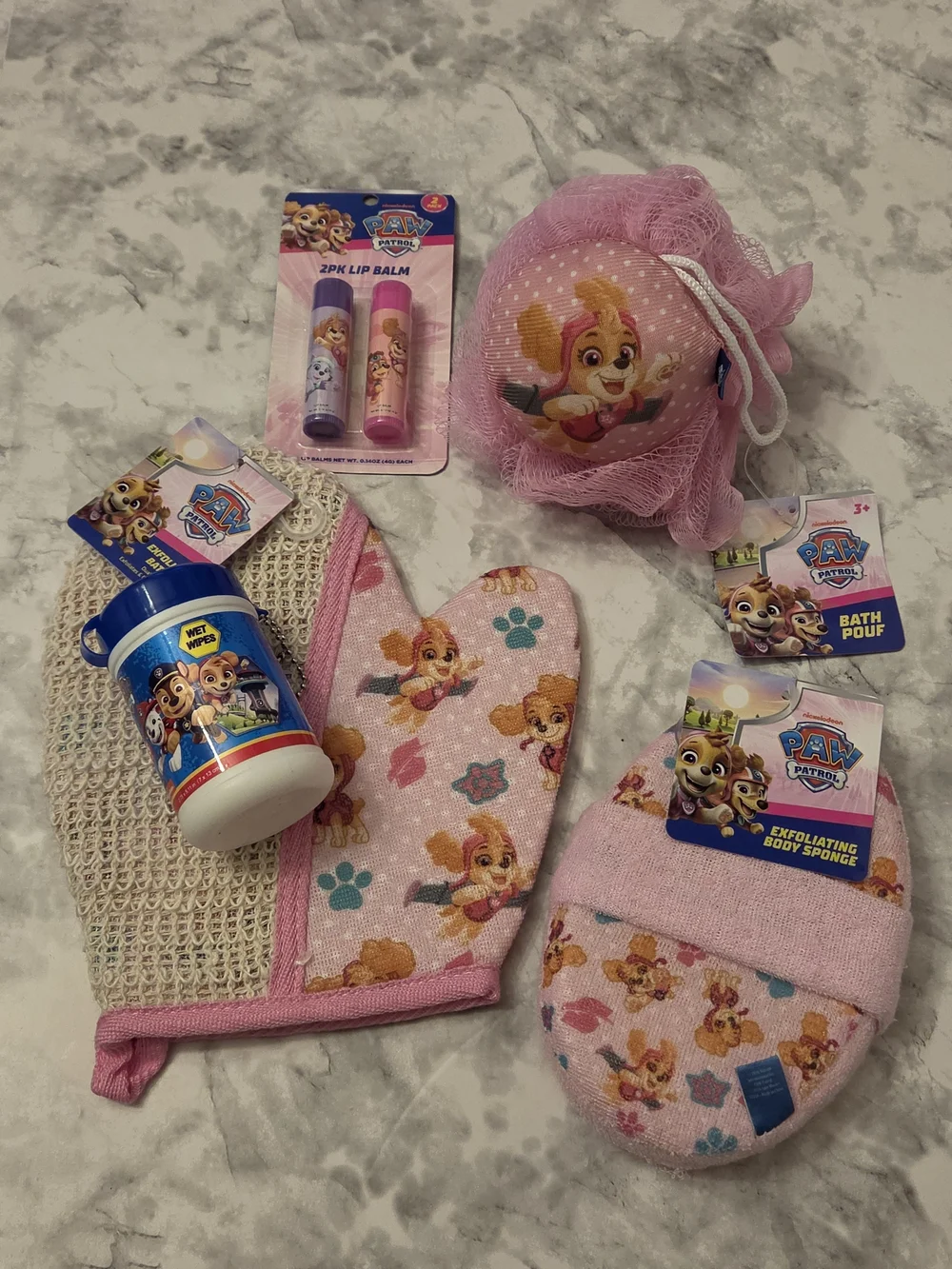 PAW Patrol Kids Pink Bath Set with Mitt, Sponge, Pouf, Lip Balm & Wet Wipes